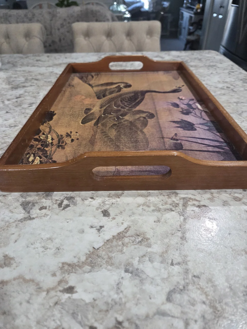Vintage Style Brown Wood Serving Tray with Duck Illustration MCM